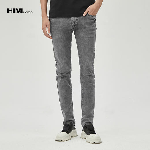 HIM漢崇 破洞洗水牛仔裤男潮流百搭高端简约修身小脚裤 2026夏季 商品图1