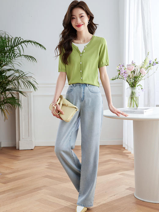 【专属特价】熙世界假两件短袖针织衫女薄款2025春夏新款别致冰丝上衣 商品图4