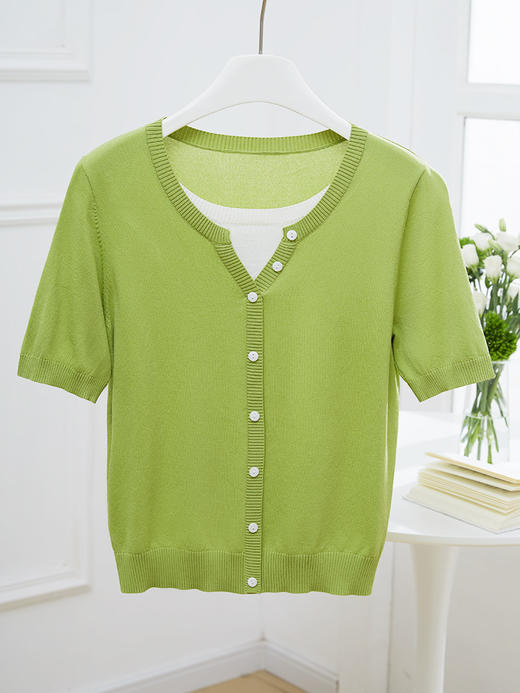 【专属特价】熙世界假两件短袖针织衫女薄款2025春夏新款别致冰丝上衣 商品图3