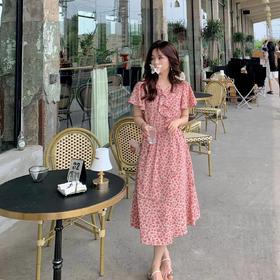 【弗洛花室】腰部绑带设计！v领荷叶边碎花连衣裙