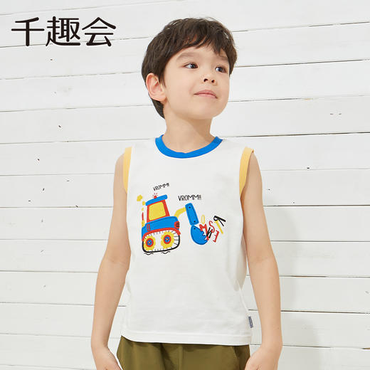 千趣会夏季无袖T恤外穿纯棉透气工程车印花潮酷男童运动背心 商品图2