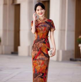 KY-83769春季新款立领短袖提花双色包边八扣印花长旗袍私服国风优雅