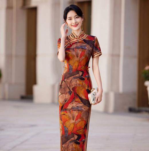 KY-83769春季新款立领短袖提花双色包边八扣印花长旗袍私服国风优雅 商品图0