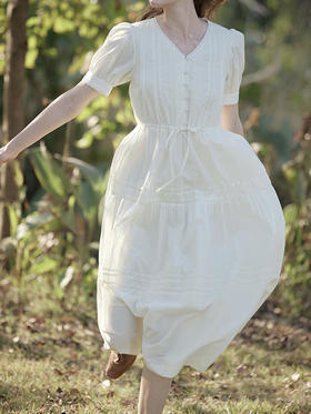 SimpleRetro高支棉蕾丝拼接连衣裙女白色法式气质V领高腰显瘦裙子