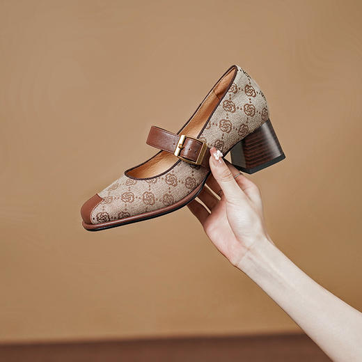 复古小香风，格纹布加头层牛皮低粗跟单鞋PS1257 商品图9