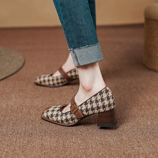 复古小香风，格纹布加头层牛皮低粗跟单鞋PS1257 商品图1