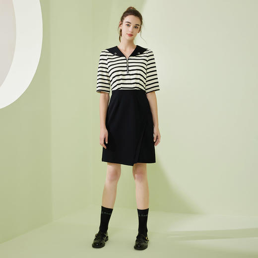 NF8W6斯尔丽瑟俪2023春季新款翻领拼接式条纹减龄通勤连衣裙 商品图3
