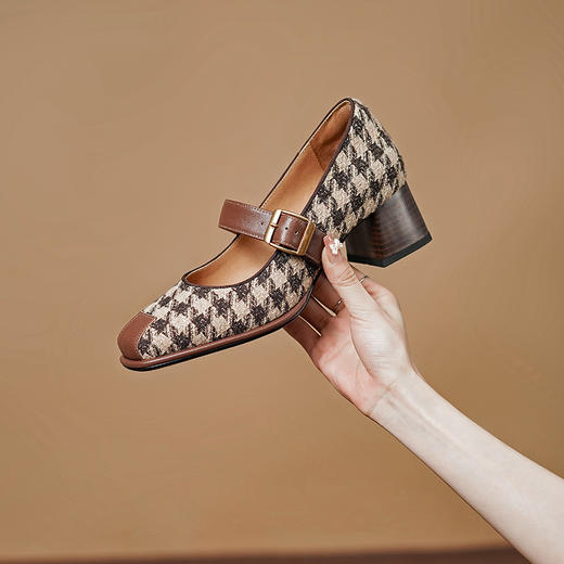 复古小香风，格纹布加头层牛皮低粗跟单鞋PS1257 商品图10
