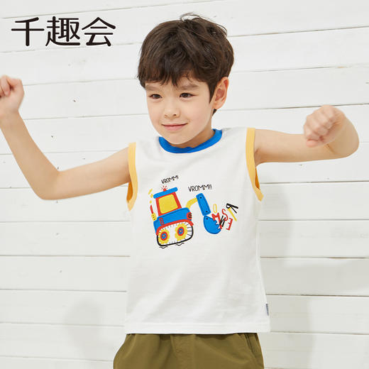千趣会夏季无袖T恤外穿纯棉透气工程车印花潮酷男童运动背心 商品图1