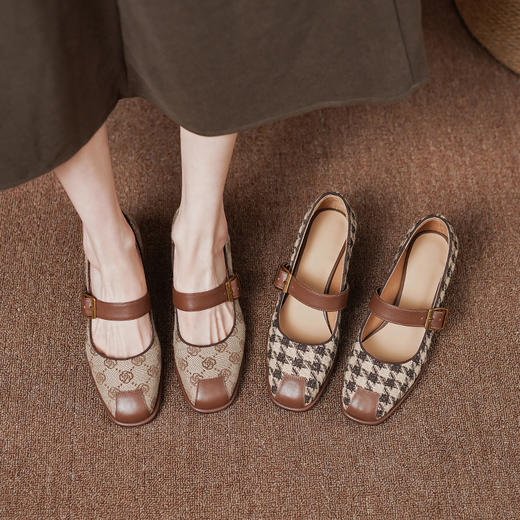 复古小香风，格纹布加头层牛皮低粗跟单鞋PS1257 商品图4