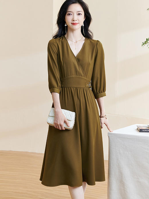 剩S/M 米思阳2026春季新款优雅大方七分袖V领裙子收腰显瘦a字连衣裙0304 商品图2