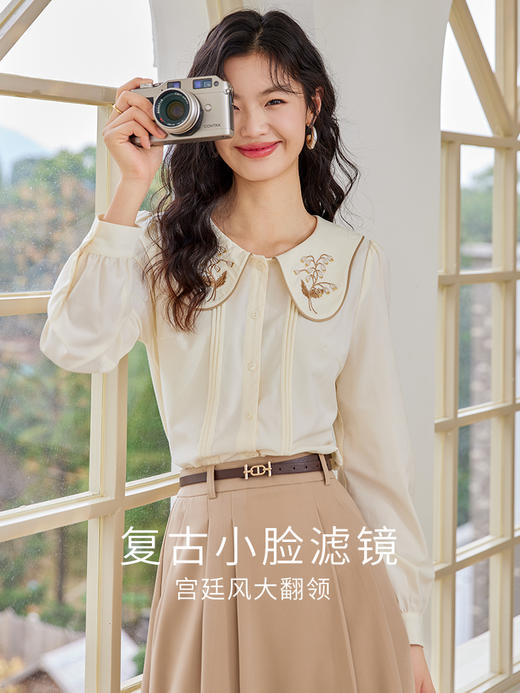【129选3件，不退换】熙世界法式复古宫廷风长袖衬衫女小众设计刺绣翻领上衣2025春新款 商品图1