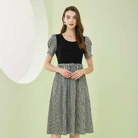 RF8E4斯尔丽瑟俪2023年春夏新款圆领短袖拼接中长连衣裙