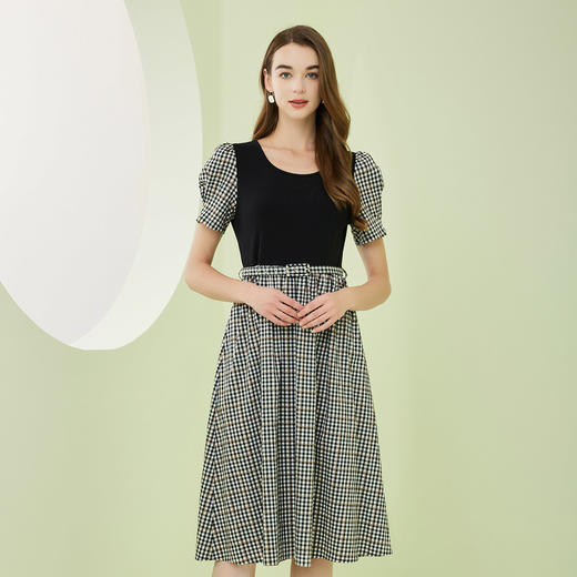 RF8E4斯尔丽瑟俪2023年春夏新款圆领短袖拼接中长连衣裙 商品图0