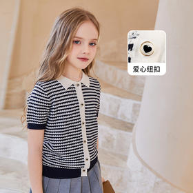 mettekids女童短袖t恤中大童春夏童装上衣儿童洋气条纹针织开衫