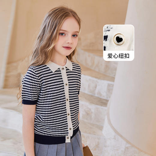 mettekids女童短袖t恤中大童春夏童装上衣儿童洋气条纹针织开衫 商品图0