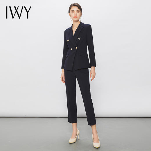 IWY/藏青色职业西装套装女修身西装藏青色双排扣白领通勤工作服C11355+P11356 商品图2