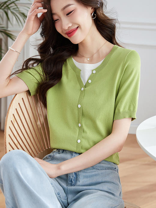 【专属特价】熙世界假两件短袖针织衫女薄款2025春夏新款别致冰丝上衣 商品图2