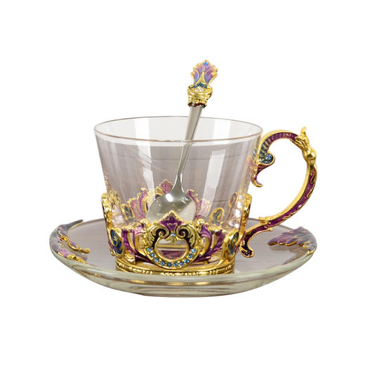 【样品特惠5折，仅1套，无货退款】罗比罗丹珐琅彩欧式奢华创意玻璃咖啡杯个性简约典雅带勺碟礼盒装 商品图0