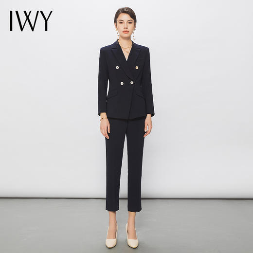 IWY/藏青色职业西装套装女修身西装藏青色双排扣白领通勤工作服C11355+P11356 商品图1