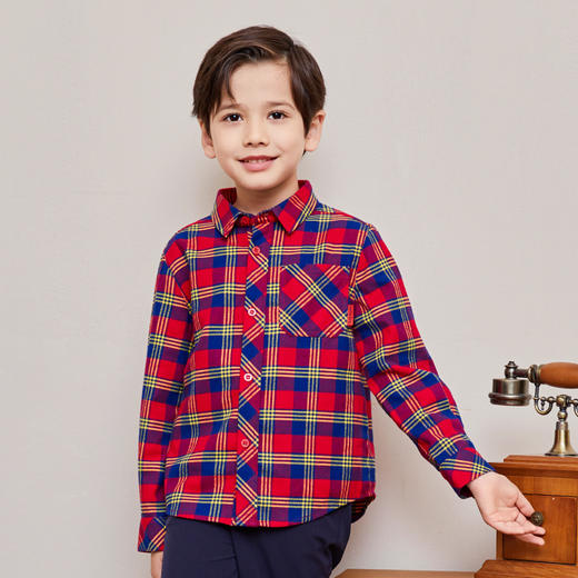 mettekids男童衬衫儿童春秋新款帅气长袖上衣中大童格子纯棉衬衣 商品图0