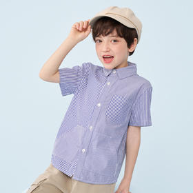 mettekids男童短袖衬衫儿童春夏新款条纹衬衣中大童休闲帅气上衣