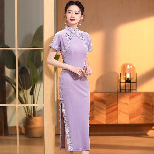 立领国风短袖旗袍裙，净色丝绒花边长款修身开衩旗袍AYK-QF-2210058 商品图2