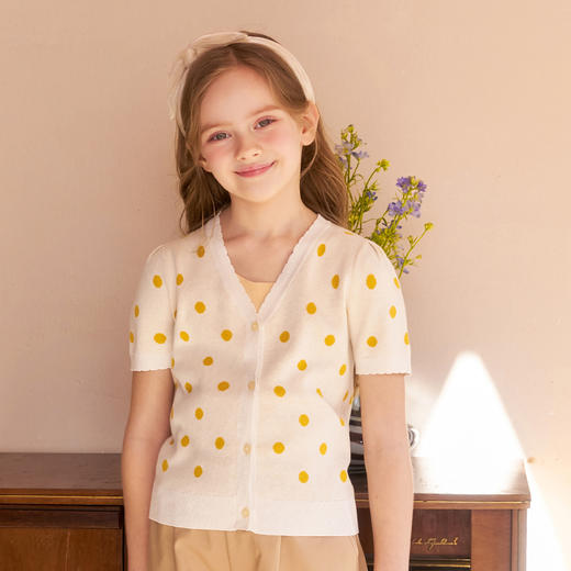 mettekids女童短袖t恤儿童新款圆点针织衫童装中大童V领洋气上衣 商品图1