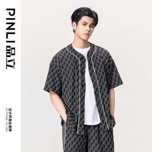 PINLI品立夏季新款圆领短袖衬衣男士提花休闲衬衫B232113010 商品图2