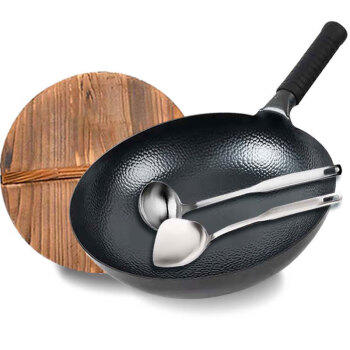 欧乐菲（OLOFE）章丘老关东铁锅黑炒锅家用老式圆底无涂层锅具大炒勺熟黑铁锅34cm 商品图1