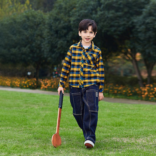 mettekids男童衬衫儿童春秋新款帅气长袖上衣中大童格子纯棉衬衣 商品图2