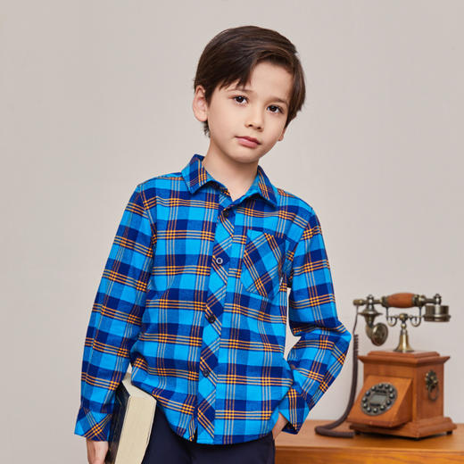 mettekids男童衬衫儿童春秋新款帅气长袖上衣中大童格子纯棉衬衣 商品图1