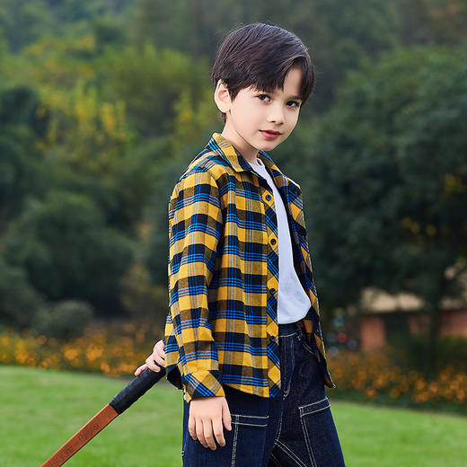 mettekids男童衬衫儿童春秋新款帅气长袖上衣中大童格子纯棉衬衣 商品图3