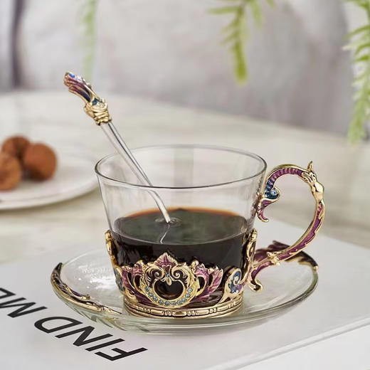 【样品特惠5折，仅1套，无货退款】罗比罗丹珐琅彩欧式奢华创意玻璃咖啡杯个性简约典雅带勺碟礼盒装 商品图1