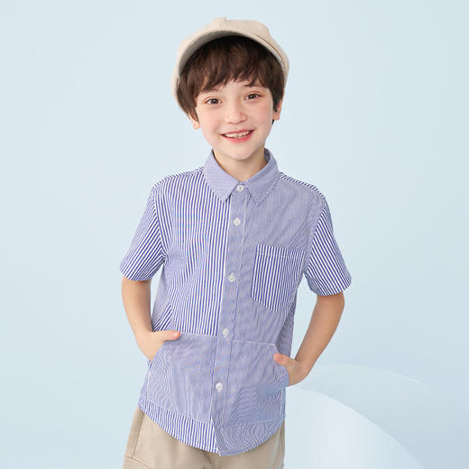 mettekids男童短袖衬衫儿童春夏新款条纹衬衣中大童休闲帅气上衣 商品图1