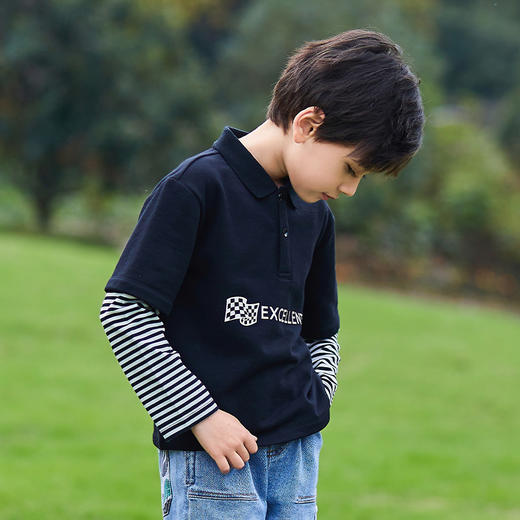 mettekids儿童t恤春秋新款童装洋气上衣中大男童黑色长袖打底衫 商品图2