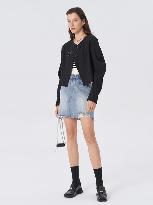 Self Who20323新款纯棉洗水做旧复古牛仔半身裙高腰显瘦磨烂裙子 商品图3