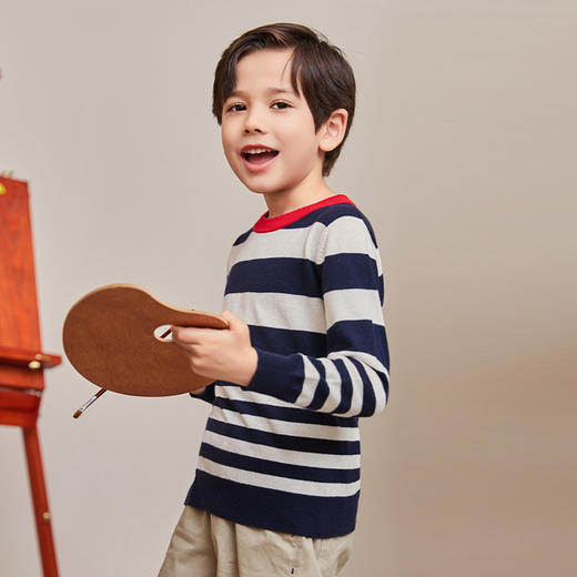 mettekids男童毛衣春秋新款儿童针织衫中大童撞色条纹童装上衣 商品图0
