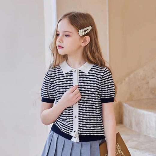 mettekids女童短袖t恤中大童春夏童装上衣儿童洋气条纹针织开衫 商品图3