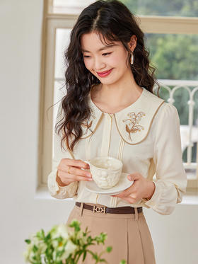 【129选3件，不退换】熙世界法式复古宫廷风长袖衬衫女小众设计刺绣翻领上衣2025春新款