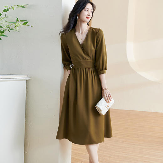 剩S/M 米思阳2026春季新款优雅大方七分袖V领裙子收腰显瘦a字连衣裙0304 商品图0