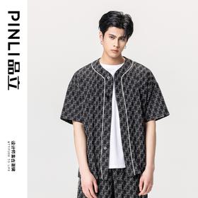 PINLI品立夏季新款圆领短袖衬衣男士提花休闲衬衫B232113010