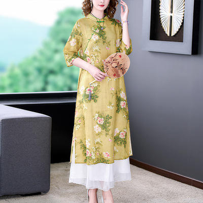 NYL-0023春夏新款时尚文艺立领印花拼接七分袖显瘦改良版旗袍连衣裙 商品图2