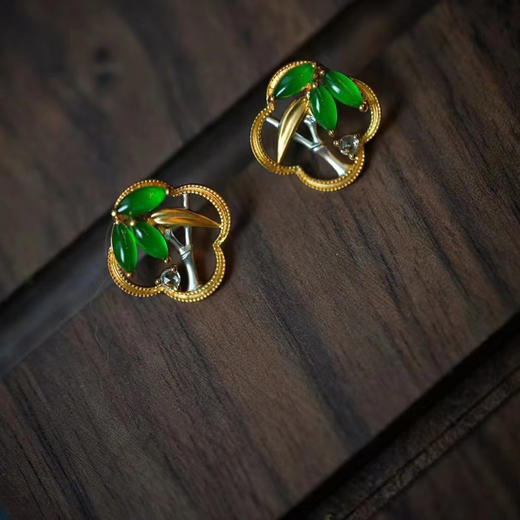 龢盒原创 青竹 18k金翡翠白蓝宝耳钉 商品图0