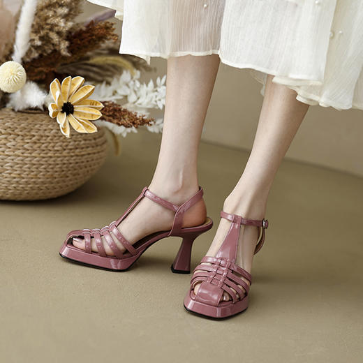 时尚休闲，真皮T型扣带粗跟高跟凉鞋DZM-2349 商品图11