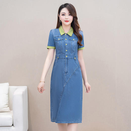 清新舒适，牛仔撞色小翻领短袖连衣裙QYM-XQD-X9329-L 商品图1