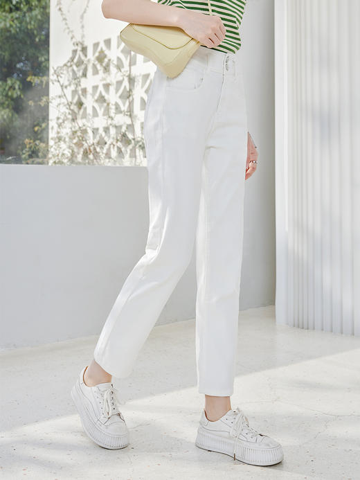 【五折购】熙世界米白色牛仔裤女2025春夏新款高腰显瘦小个子九分直筒烟管裤 商品图0