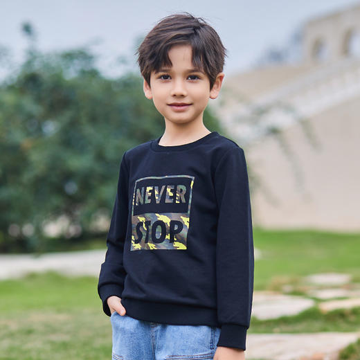 mettekids男童卫衣儿童春秋新款黑色童装中大童宽松休闲圆领上衣 商品图2