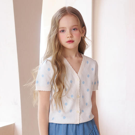 mettekids女童短袖t恤儿童新款圆点针织衫童装中大童V领洋气上衣 商品图3