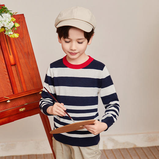 mettekids男童毛衣春秋新款儿童针织衫中大童撞色条纹童装上衣 商品图1